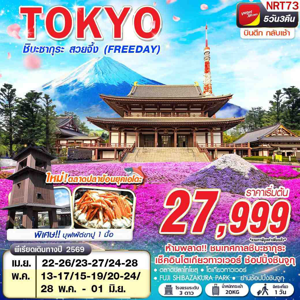 ทัวร์ญี่ปุ่น TOKYO ชิบะซากุระ สวยจึ้ง (FREEDAY) บินดึกกลับเช้า 5วัน 3คืน (VZ)
